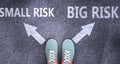 Small risk and big risk as different choices in life - pictured as words Small risk, big risk on a road to symbolize making Royalty Free Stock Photo