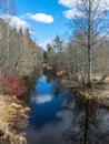 A small river in early spring, blue skies and reflections in the water Royalty Free Stock Photo