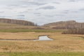 A small river flowing through meadows and agricultural fields. spring. Cloudy sky. Selective focus Royalty Free Stock Photo