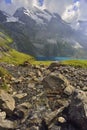 Small river flowing to the lake. Oeschinensee, Kandersteg. Berner Oberland. Switzerland