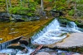 A small river flows through the forest in the mountains. Pure clear cold water. Scenic view. Melting snow in the mountains