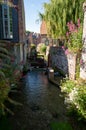 Small river flows throughout beautiful French village Veules-les-Roses, old houses and flowers