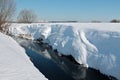 Small river with high steep snowy banks in bright winter afternoon