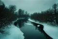 Small river with ice and snow in winter twilignt Royalty Free Stock Photo