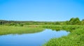 Small river in the middle of a green field against the background of a forest with trees and a blue sky with clouds in summer Royalty Free Stock Photo