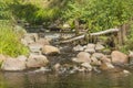 Small river with riffles, stones and beam