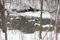 Small river running through snow covered winter forest Royalty Free Stock Photo