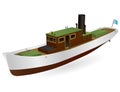 Small river steamer with large chimney. Motor boat, sea steamship for fishing