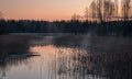 A small river in sunrise, tree reflections in the water, dry reeds, light before sunrise Royalty Free Stock Photo