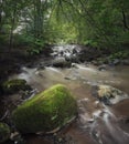 A small river with water rifts and a large stone covered with moss Royalty Free Stock Photo