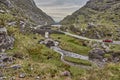 Small road winding through the gap of dunloe, Ireland. Panoramic view of the Gap of Dunloe, Ireland. Small stream flowing through