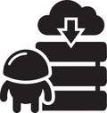 Small robot character standing next to server data storage cloud download symbol vector graphic Royalty Free Stock Photo