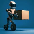 Small robot delivering a cardboard box over dark background, generative AI illustration