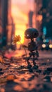 Small robot holding a beautiful pink flower in a charming city street at golden hour