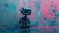 Small robot standing in front of a pink wall. Suitable for tech and futuristic concepts Royalty Free Stock Photo