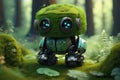 a small robot standing on top of a moss covered ground
