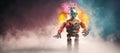 A small robot wearing a suit Standing in motion with thick, colorful smoke, full body, high quality face painting, with space for Royalty Free Stock Photo