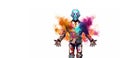 A small robot wearing a suit Standing in motion with thick, colorful smoke, full body, high quality face painting, with space for Royalty Free Stock Photo