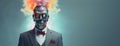 A small robot wearing a suit Standing in motion with thick, colorful smoke, full body, high quality face painting, with space for Royalty Free Stock Photo