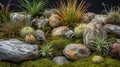 A small rock garden featuring unusual, shaped stones and small Air Plants. AI generated Royalty Free Stock Photo