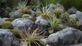 A small rock garden featuring unusual, shaped stones and small Air Plants. AI generated Royalty Free Stock Photo