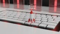 Small rocket toy placed on white computer keyboard with digital countdown timer display and red launch button icon Royalty Free Stock Photo