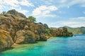 Small rocky island covered with plants on sunny day