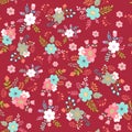 Seamless vintage flowers pattern on red background