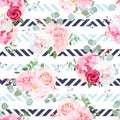 Small romantic french bouquets seamless vector striped pattern.