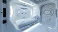 Small room with bed and white walls in spaceship, interior design of starship or home in colony. Living compartment in futuristic Royalty Free Stock Photo