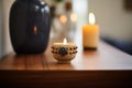 small round candle holder with a burning tealight
