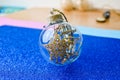 Small round glass transparent vintage homemade smart hipster decorative Christmas festive Christmas ball, Christmas tree toy Royalty Free Stock Photo