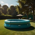 Small Round Inflatable Swimming Pool in a Green Grassy Backyard Setting Royalty Free Stock Photo