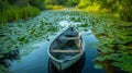 A small rowboat drifts through a maze of lily pads the only sound coming from the occasional splash of an oar against