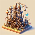 small Rube Goldberg machine isolated on tan background