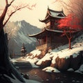 Small rural wooden temple in mountains. Autumn season, red leaves and fresh snow. Ai generative illustration