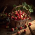 A small, rustic berry basket filled with freshly picked strawberries.