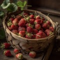 A small, rustic berry basket filled with freshly picked strawberries.