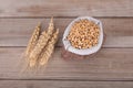 A small sack full of wheat and a few scattered ears of wheat Royalty Free Stock Photo