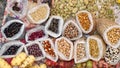 Small sacks of dried beans and grains