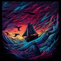 Small sail boat during evening storm with rain. AI generative