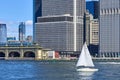 A small sailboat on the East River in front of Lower Manhattan skyscrapers on a sunny summer day