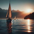 Small sailboat sits on tranquil clear mountain lake Royalty Free Stock Photo