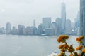 A small sailboats cruising in New York harbor in bad weather Royalty Free Stock Photo