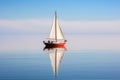 a small sailing boat reflected on calm water