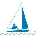 Small sailing boat. Sloop. Ship coming through waves under sail. Man on board. Vector illustrations Royalty Free Stock Photo