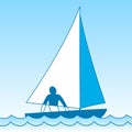 Small sailing boat. Sloop. Ship coming through waves under sail. Man on board. Vector illustrations