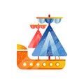 Small sailing ship with blue and red sails flat vector Illustration on a white background