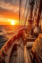 Crimson Tide. Small sailing ship in the open sea at sunset.