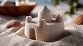 A small sandcastle with shells on a sandy beach. Royalty Free Stock Photo